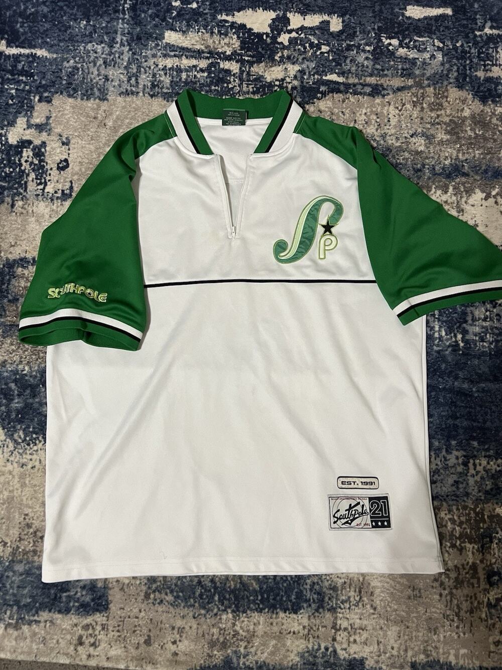 Size XL-VTG Southpole Jersey Shirt Mens White Green Baseball Y2K Hip Hop 1/4 Zip
